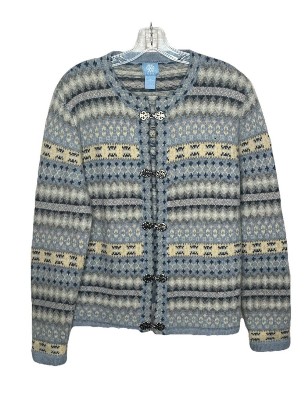 Frost Australia Fair Isle Lambswool Cardigan Sweater Sz M Blue Nordic Toggle